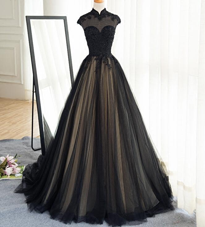 Beautiful Black Prom Dresses High Neck Sweep Train Prom Dress, Black Party Dress  gh437