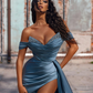 Dusty Blue Off-the-Shoulder Mermaid Prom Dress With Slit gh611