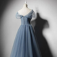 Grey-Blue Tulle Off Shoulder Beaded Long Prom Dress Party Dress, Long Evening Gowns  gh16