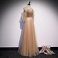 Champagne Tulle Long Puffy Sleeves Party Dresses, Beautiful Floor Length Prom Dresses  gh31