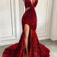 Burgunderrotes rückenfreies, mit Pailletten besetztes Meerjungfrau-Ballkleid mit Schlitz, Abendkleid, Partykleid gh791