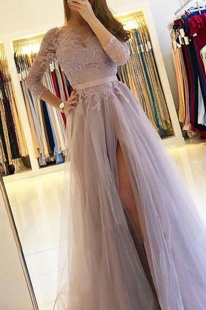 Long Sleeves A-Line Prom Dress Split With Lace gh747