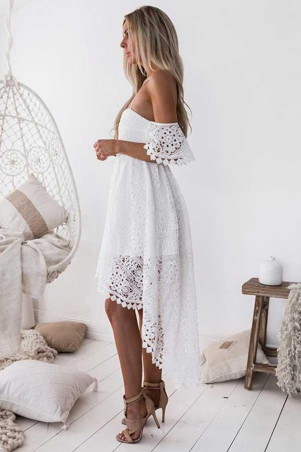 A-Line Straps Off-The-Shoulder High Low White Lace Homecoming Dress  gh827