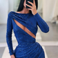 Royal Blue Long Sleeves Mermaid Sequins Prom Dress With Split gh708