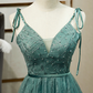 Green Tulle Long Prom Dress, New V-Neckline Straps Long Party Dress gh286