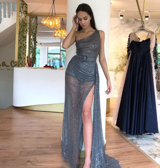 Sparkly Sequin Tulle One Shoulder Sexy High Slit Prom Dresses , Prom outfits  gh862