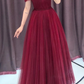 Robe de soirée en tulle à bretelles rouge vin, épaules dénudées, robe de soirée, robe de bal rouge foncé, robe formelle gh84