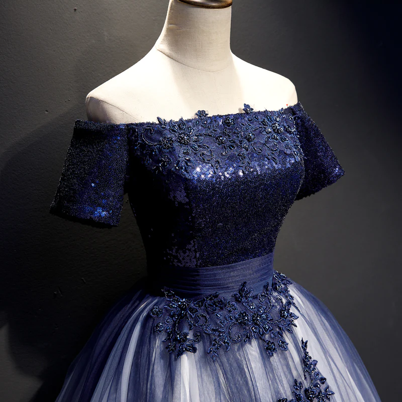 Charmante robe de soirée en tulle dégradé bleu marine avec appliques en dentelle, robe formelle à manches courtes gh502