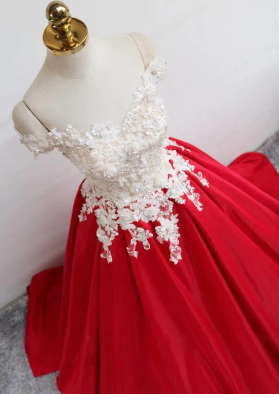 Beautiful Red Stain Off Shoulder Floor Length Party Dress With Applique, Party Dress gh452