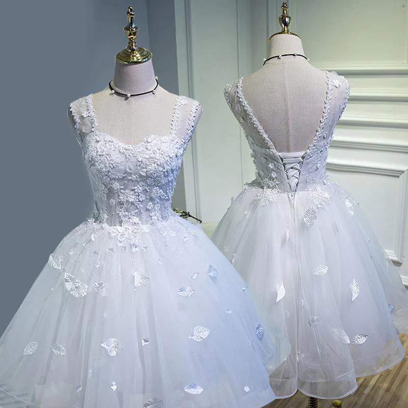 Simple Sweetheart White Lace up Beads Lace Appliques Tulle Straps Homecoming Dresses  gh985