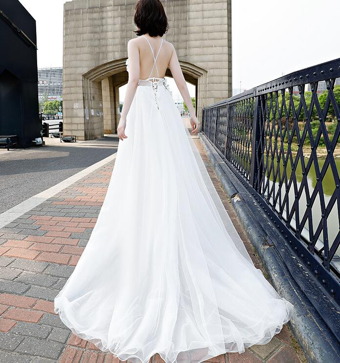 Beautiful White Straps Cross Back Long Tulle Formal Gown, Sexy Party Gown gh576