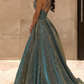 Shinning Spaghetti-Straps V-Neck Sequins Prom Dress Long Sleeveless gh753