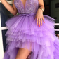 Spaghetti straps purple tulle prom dresses applique beaded v-neck long evening party dress  gh982
