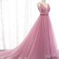 Charming Pink V-Neckline Straps Tulle Long Evening Dress, Pink Prom Dress gh182