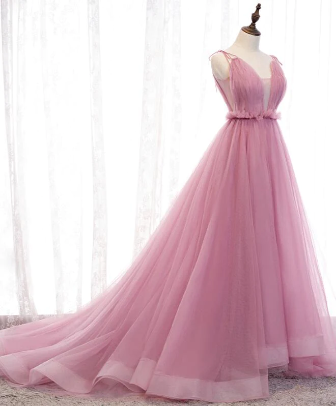 Bezauberndes langes Abendkleid aus Tüll mit V-Ausschnitt und Trägern in Rosa, Abendkleid in Rosa gh182