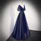 Robe de soirée longue en tulle bleu marine à col en V avec manches, robe de demoiselle d'honneur bleue gh45