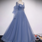 Blue Tulle Beaded Sweetheart Unique Long Prom Dress, Blue Evening Dress Formal Dress  gh103