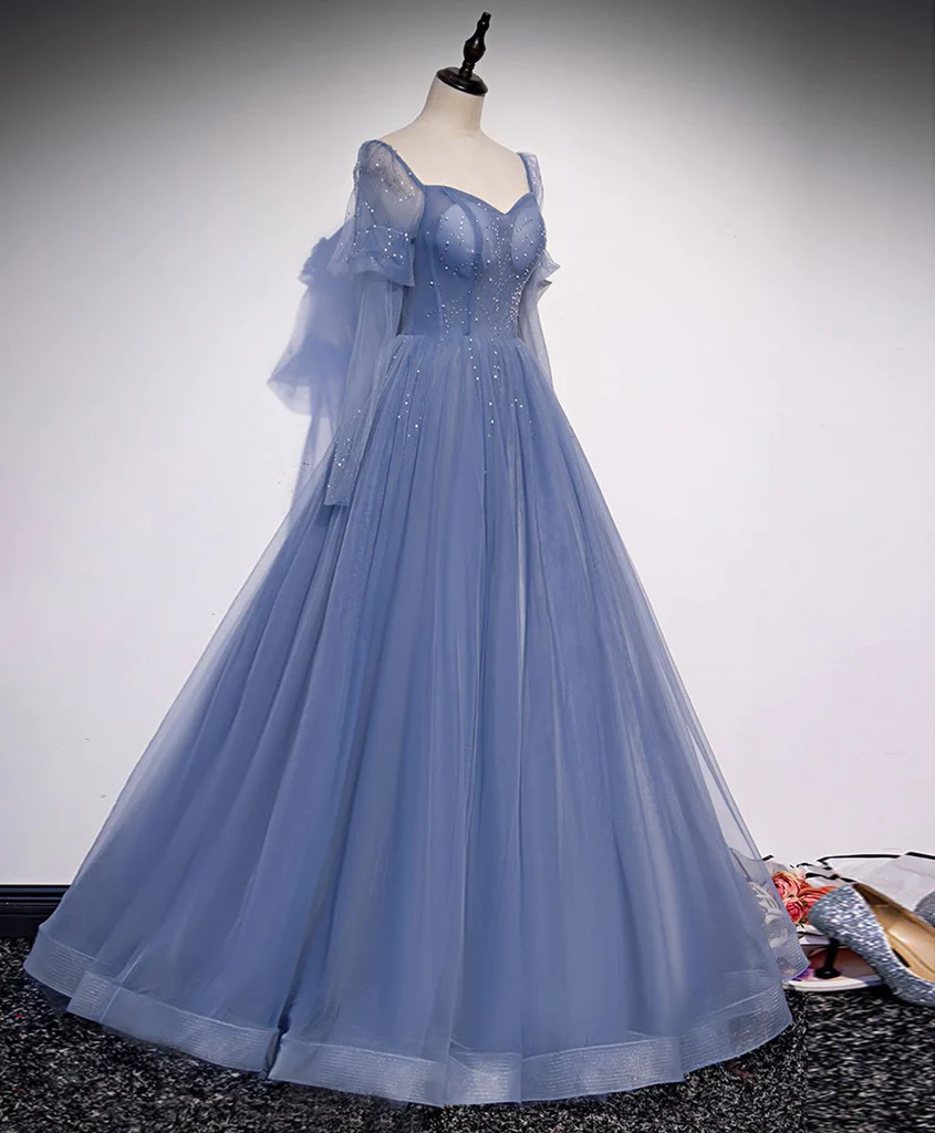 Blue Tulle Beaded Sweetheart Unique Long Prom Dress, Blue Evening Dress Formal Dress  gh103