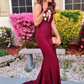 Burgundy V-Neck Sleeveless Prom Dress gh643