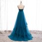 Belle robe de bal longue taille haute en tulle bleu sarcelle, robes de soirée bleues gh18