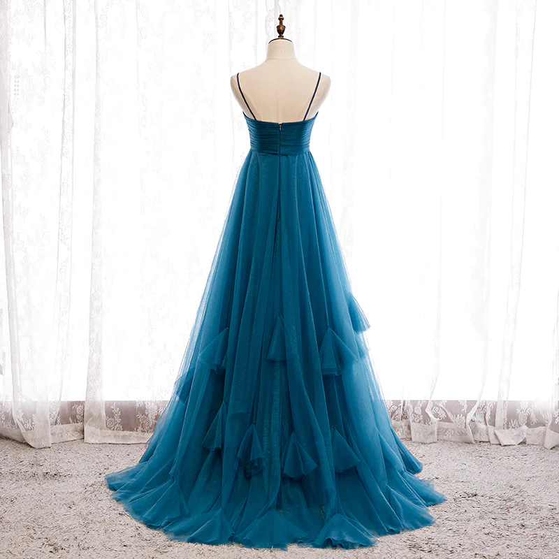 Beautiful Teal Blue Tulle Straps Long High Waist Prom Dress, Blue Evening Party Dresses gh18