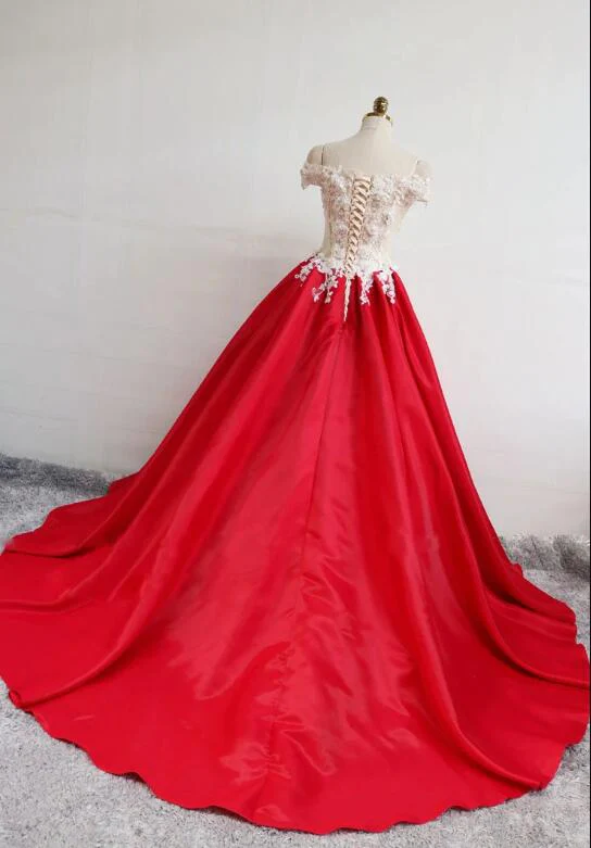 Beautiful Red Stain Off Shoulder Floor Length Party Dress With Applique, Party Dress gh452