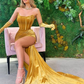 Robe de bal sirène en velours sans bretelles fendue gh676