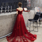 Robe de soirée en tulle rouge vin avec perles et dentelle à épaules dénudées, robe de bal rouge vin gh202