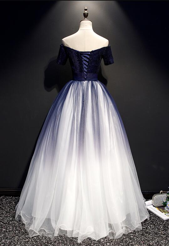 Charmante robe de soirée en tulle dégradé bleu marine avec appliques en dentelle, robe formelle à manches courtes gh502