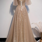 Charming Champagne Tulle And Sequins Long Party Dress, A-Line Prom Dress gh319