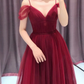 Robe de soirée en tulle à bretelles rouge vin, épaules dénudées, robe de soirée, robe de bal rouge foncé, robe formelle gh84