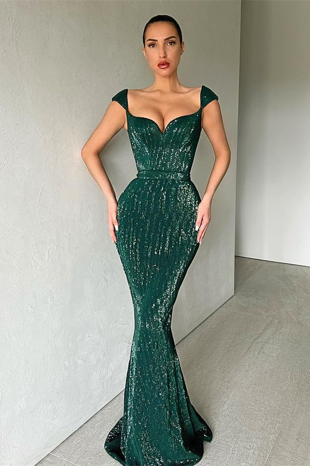 Cap Sleeves Long Sequins Prom Dress Mermaid  gh657