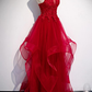 Red Lace Tulle Layered Straps Fashionable Long Party Dress, Long Prom Gown gh277