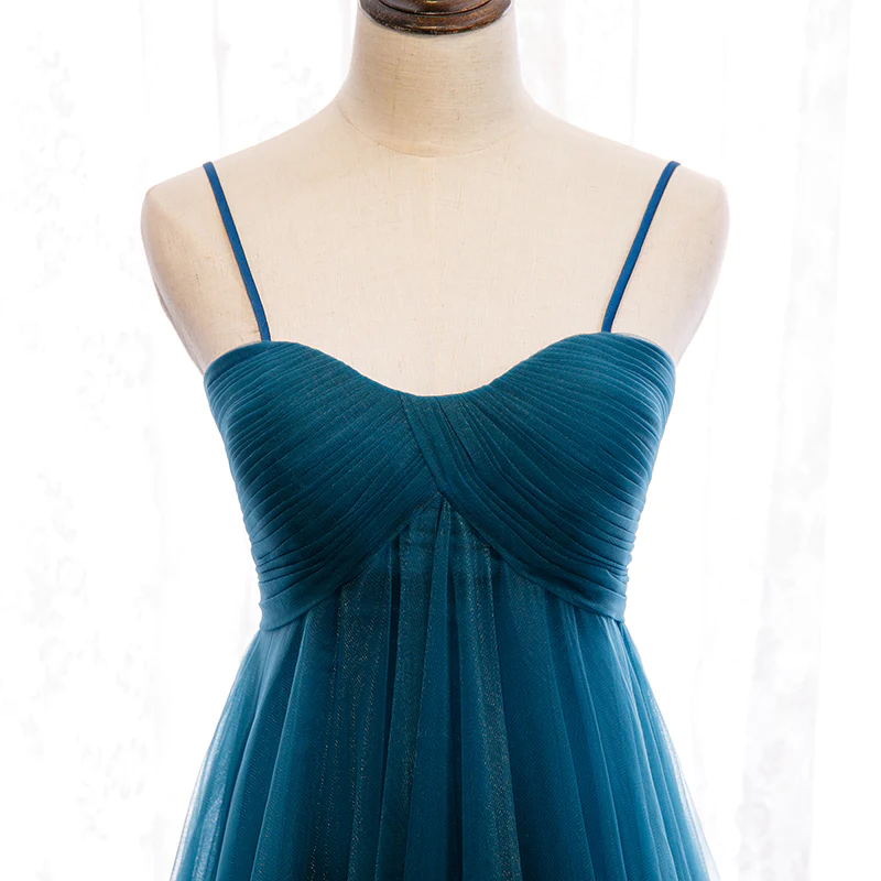 Beautiful Teal Blue Tulle Straps Long High Waist Prom Dress, Blue Evening Party Dresses gh18