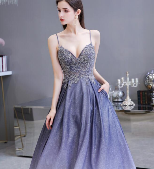 Beautiful Lavender Gradient Beaded Straps Long Formal Dress, A-Line Low Back Prom Dress  gh110