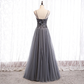 Grey Beaded Straps Sweetheart Shiny Tulle Long Party Dresses, Grey Long Prom Dresses  gh22