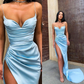 Robe de bal sirène bleu bébé à bretelles spaghetti et fente gh631