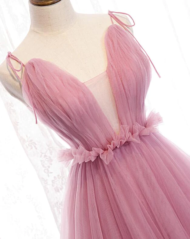 Bezauberndes langes Abendkleid aus Tüll mit V-Ausschnitt und Trägern in Rosa, Abendkleid in Rosa gh182