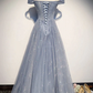 Belle robe de bal longue sans bretelles en tulle bleu perlé, ligne A, épaules dénudées gh7