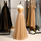 Champagne Sequins Tulle Straps Long Evening Dress Party Dress, Sweetheart Prom Dress  gh25