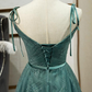 Green Tulle Long Prom Dress, New V-Neckline Straps Long Party Dress gh286