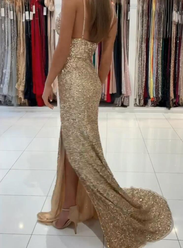 Gold Sequins Mermaid Prom Dress With Slit  gh684