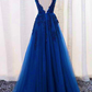 Elegant Blue Lace Applique Long Party Dress, Blue Prom Dress  gh381
