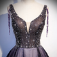 Charming Purple Gradient Tulle V-Neckline Long Party Dress, A-Line Prom Dress gh244
