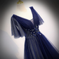 Robe de soirée longue en tulle bleu marine à col en V avec manches, robe de demoiselle d'honneur bleue gh45