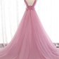 Charming Pink V-Neckline Straps Tulle Long Evening Dress, Pink Prom Dress gh182
