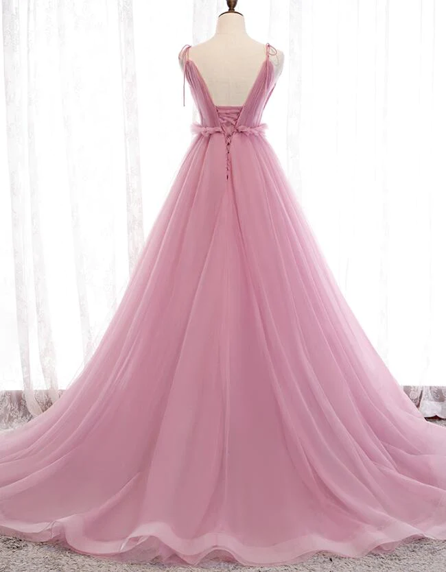 Bezauberndes langes Abendkleid aus Tüll mit V-Ausschnitt und Trägern in Rosa, Abendkleid in Rosa gh182