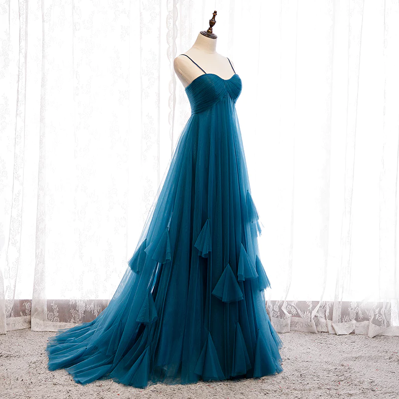 Beautiful Teal Blue Tulle Straps Long High Waist Prom Dress, Blue Evening Party Dresses gh18