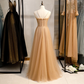 Champagne Sequins Tulle Straps Long Evening Dress Party Dress, Sweetheart Prom Dress  gh25