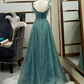 Green Tulle Long Prom Dress, New V-Neckline Straps Long Party Dress gh286